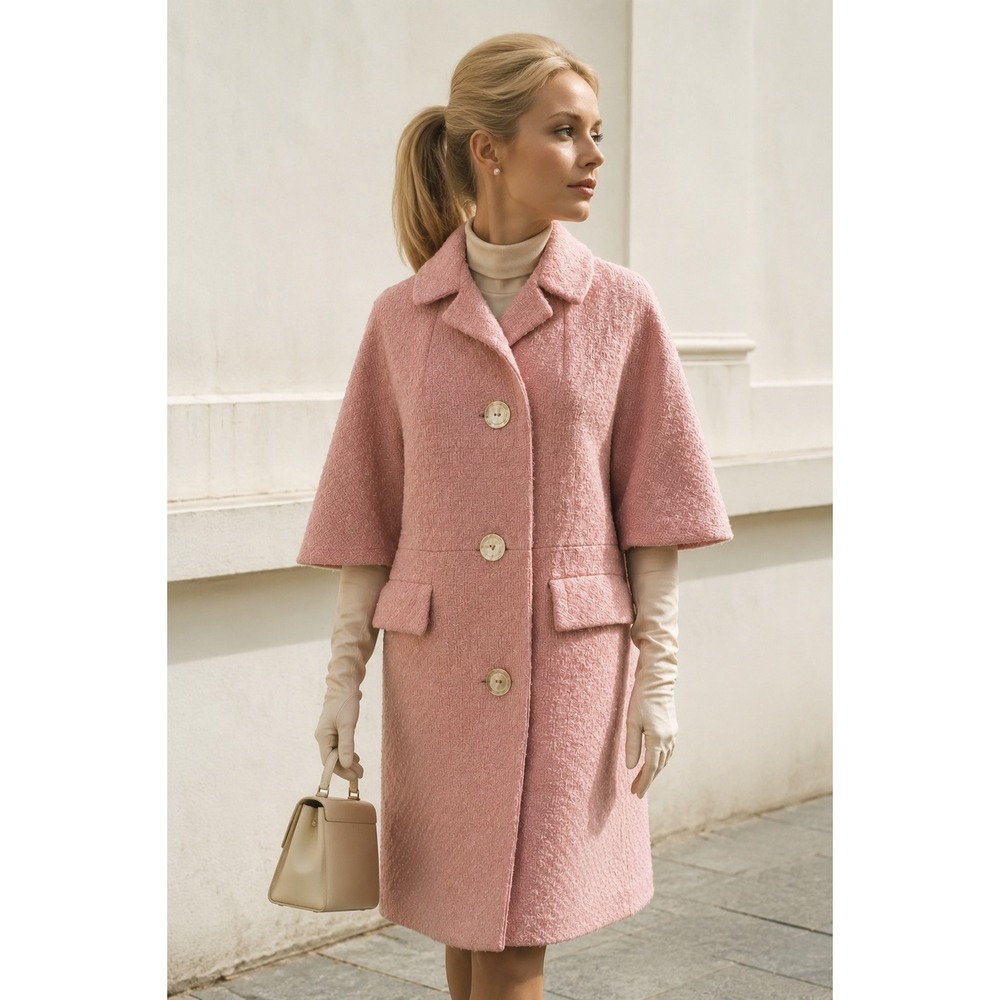 Vintage 1960s Pink Bouclé Swing Coat Jackie O Mod Cape Sleeve Coat Old Money
